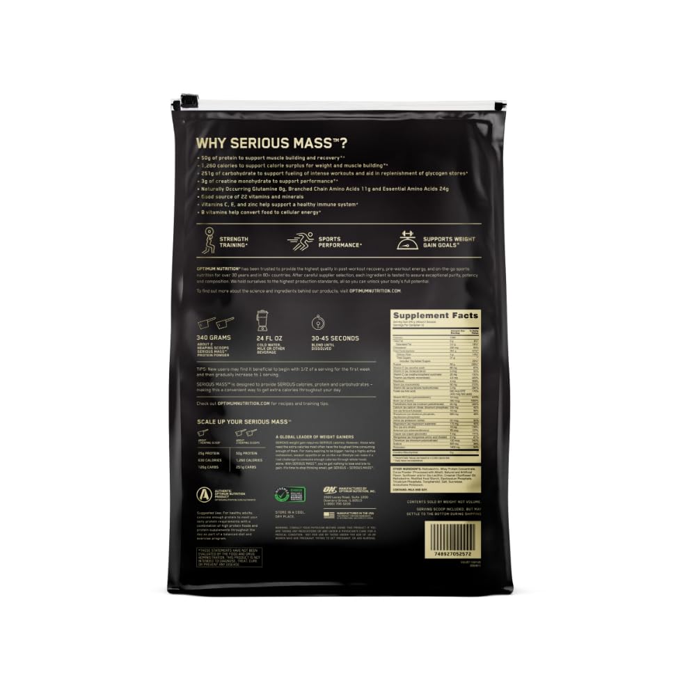 Optimum Nutrition Serious Mass, Weight Gainer Protein Powder, Mass Gainer, Vitamin C and Zinc for Immune Support, Creatine, Chocolate Peanut Butter, 12 Pound (Packaging May Vary)