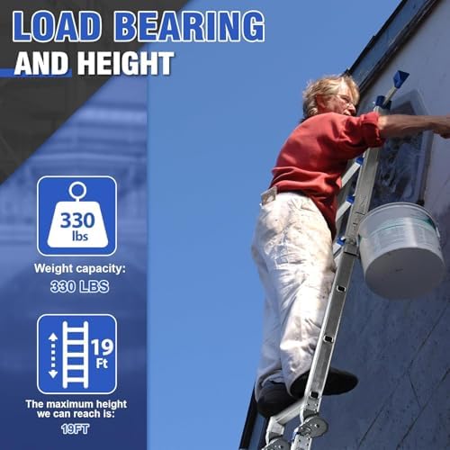 HBTower A Frame 5 Step Extension Ladder, 19 Ft Multi Position Ladder with Removable Tool Tray and Stabilizer Bar, 330 lbs Capacity Telescoping La dder for Household and Outdoor Work (Blue, 19FT)