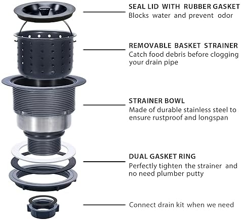 Kitchen Sink Drain 3-1/2 Inch Black Sink Drain Assembly Kit, Removable Deep Sink Strainer Basket with Sink Stopper/Sealing Lid for Home, Kitchen, Stainless Steel
