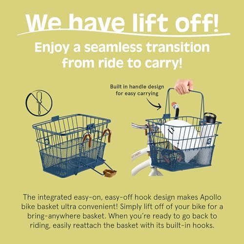 Retrospec Apollo Detachable Front Bike Basket Steel Half-Mesh with Integrated Detachable Hooks and Built-In Handle, Easy Assembly and Portability for Bicycles