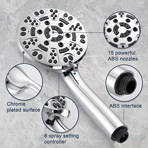 Cobbe High Pressure 8 Functions Shower Head with handheld - Powerful Detachable Shower Head Set for Low Water Pressure - Tool-less 1-Min Installation, Extra Long 60" Stainless Steel Hose (Chrome)