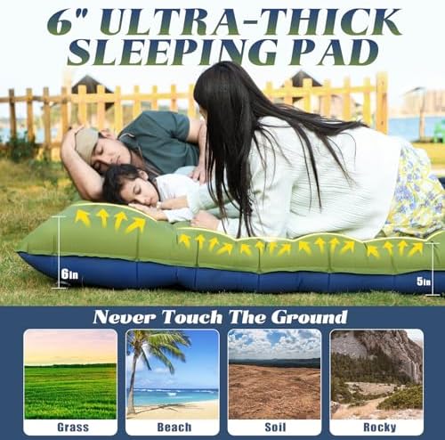 Double Sleeping Pad for Camping, 6" Extra-Thick 2 Person Camping Sleeping Pad with Pillow Built-in Foot Pump, Inflatable Sleeping Mat for Backpacking, Tent, Hiking Essentials Gear