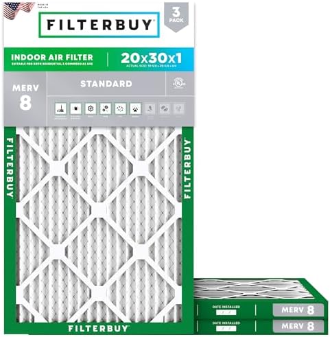 Filterbuy 20x30x1 Air Filter MERV 8 Dust Defense (3-Pack), Pleated HVAC AC Furnace Air Filters Replacement (Actual Size: 19.63 x 29.63 x 0.75 Inches)