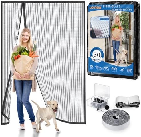 Heavy Duty Door Screen Magnetic Closure, LOVIGA 2024 Thickened Fiberglass Screen Door Mesh, Self Sealing, Side Opened, Pets Friendly, Fine Mesh Keep Bugs Out Fit Door Size 70 Inch X 80 Inch