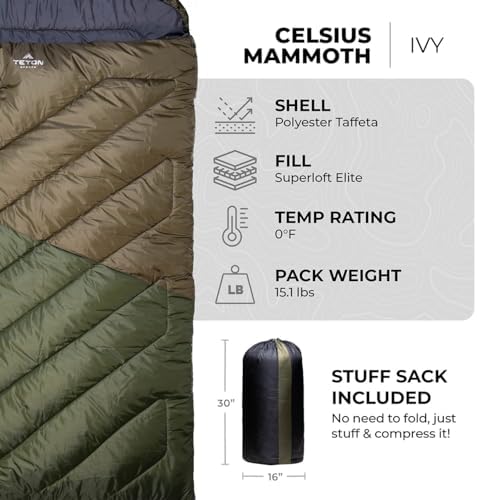 TETON Mammoth, 20 Degree and 0 Degree Sleeping Bags, Double Sleeping Bag, A Warm Bag the Whole Family can Enjoy. Great Sleeping Bag for Camping, Hunting and Base Camp. Compression Sack Included