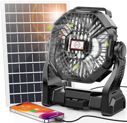 20000mAh Solar Fan with LED Lantern, 10W Solar Panel Rechargeable Battery Powered Camping Fan for Outside, 9 Inch Portable Battery Operated Power Bank for Picnic, Barbecue, Fishing, Travel