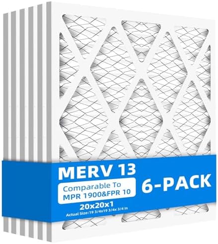 (6 Pack) 20x20x1 Furnace Air Filters, MPR 1900 & FPR 10, MERV 13 Pleated Air Filter (Actual Size: 19.75" x 19.75" x 0.75")