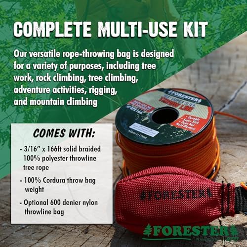 FORESTER Arborist Throw Line Kit - Ultra Slick 100% Polyester Rope with Weighted Throw Bag | Forestry Tree Gear for Low and High Limb Throwing | 3/16 Inch Thick Rope