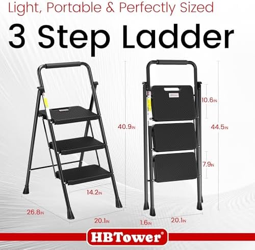 HBTower Step Ladder, Folding Step Stool with Wide Anti-Slip Pedal, Sturdy Steel Ladder, Convenient Handrail, Lightweight, Portable Steel Step Stool