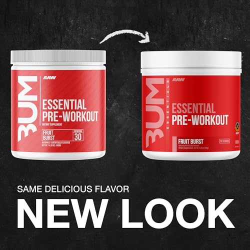 RAW Essential Pre-Workout Powder (Fruit Burst) - Chris Bumstead Sports Nutrition Supplement for Men & Women - Preworkout Energy Powder with Caffeine, L-Citrulline, L-Tyrosine, & Beta Alanine Blend