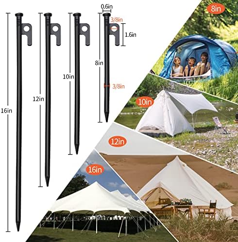 Forged Steel Tent Stakes, 8/16pcs, Heavy Duty ,10in and 12in Camping Hammer Set + Storage Pouch, Available in Rocky Place Dessert Snowfield and Grassland