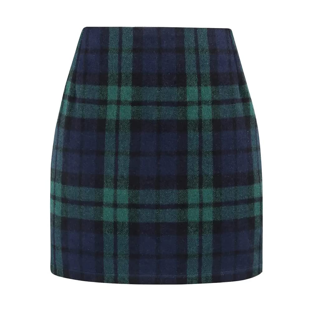 Kinghua Green Plaid Skirt Christmas Dresses for Women 2025 Winter Clothes Outfits Wool Tartan Flannel Tweed Mini Skirt (Green, L)