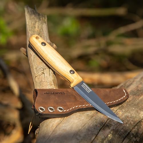 BPS Knives Finn Lite - Puukko Knife - Fixed-Blade Carbon Steel Knife with Leather Sheath - Small Full Tang Camping Knives - Scandinavian Camp Utility Knives