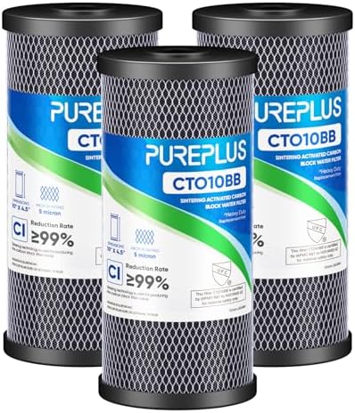 PUREPLUS Coconut Shell Water Filter Cartridge | Activated Carbon Block CTO | Universal Whole House 5 Micron 10 inch Cartridge | Compatible with WFHDC8001, CB-BB-10, EPM, EP-BB, 3Pack
