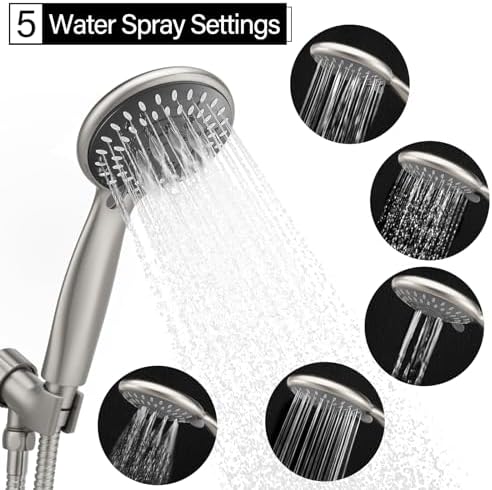 Briout Shower Head with Handheld, 5-Settings Showerhead High Pressure Powerful Water Spray Shower Head Set with 59 Inch Stainless Steel Hose and Bracket, Brushed Nickel
