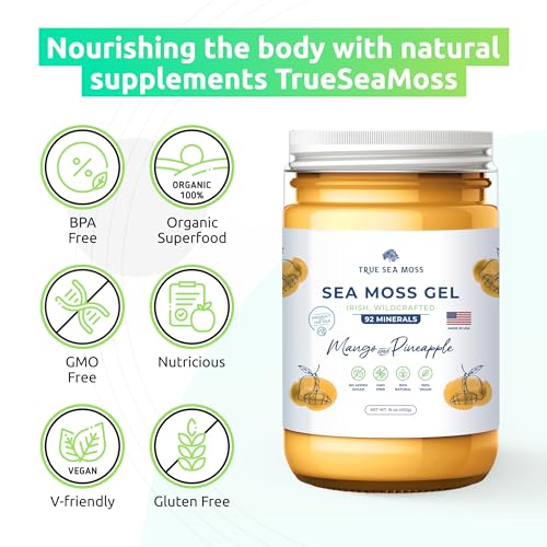 TrueSeaMoss Wildcrafted Irish Sea Moss Gel –7 Flavors- Nutritious Organic Raw Seamoss Rich in Minerals, Proteins & Vitamins – Antioxidant Health Supplement, Vegan Made in USA (Mango/Pineapple, 1)