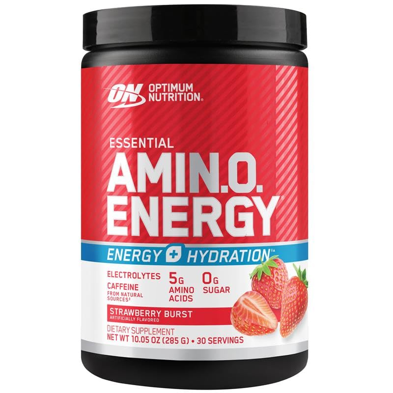Optimum Nutrition Amino Energy Powder Plus Hydration, with BCAA, Electrolytes, and Caffeine, Strawberry Burst, 30 Servings (Packaging May Vary)