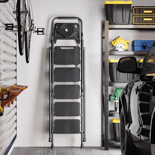 KINGRACK Folding 5 Step Ladder, Portable Ladder for Multi-Purpose, Home, Kitchen, Heavy Sturdy Steel Step Stool with Anti-Slip Wide Pedals, Handrail, Safe-Lock Design, Pass 500lbs Load Testing, Black