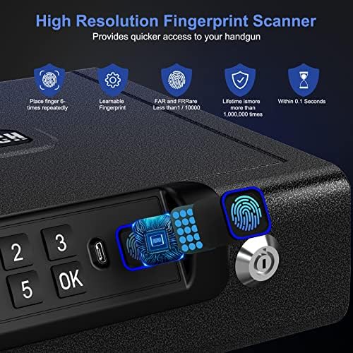 Gun Safe,Biometric Gun Safe for Pistols 3-Ways unlock Fingerprint Digital PIN Key Unlock with Sound, Lock box for Cloakroom living room Bedroom Nightstand and Car BILLCONCH