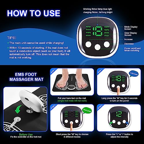 EMS Foot Massager Mat -Foot Massager Pad for Pain Plantar Relief, Muscle Relaxation, Foldable Legs & Feet Massager Pad with 8 Modes, 19 Levels