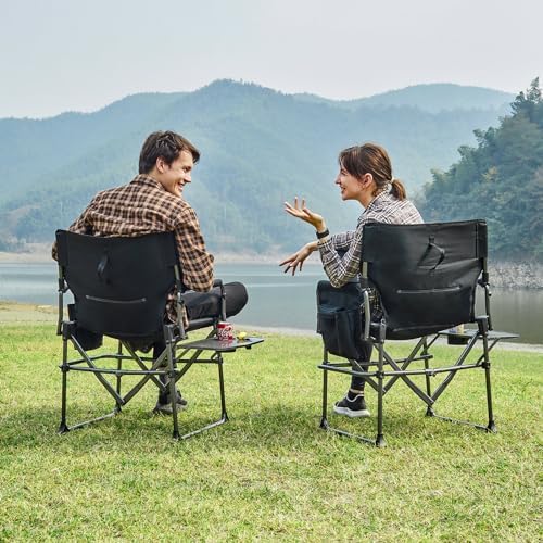 EVER ADVANCED Camping Directors' Chair with Side Table, Portable Folding with Compact Size, Heavy Duty Lawn Chair with Pocket for Camping, Lawn, Sports and Fishing, 400lbs, Black 2 Pack