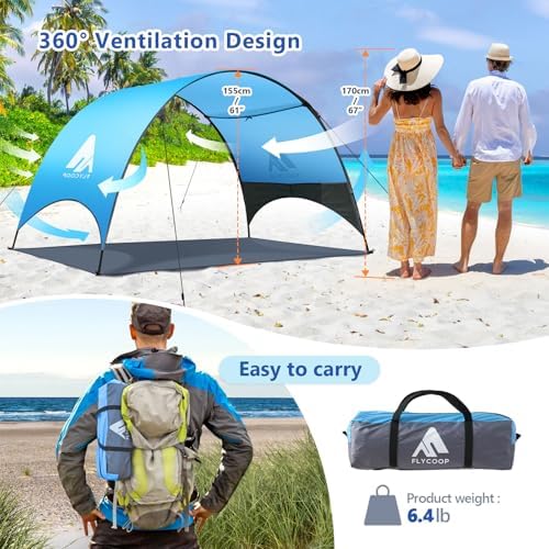 Beach Tent - Beach Shade Canopy Compact Fold (16.9x3.9″), Own Patent, 360° Ventilation, Large Side Storage Pocket, UV Protection Portable Sun Shelter for Beach (Blue, 106 * 65 * 61″)