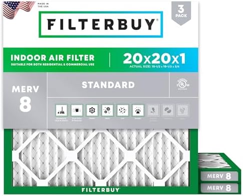 Filterbuy 20x20x1 Air Filter MERV 8 Dust Defense (3-Pack), Pleated HVAC AC Furnace Air Filters Replacement (Actual Size: 19.50 x 19.50 x 0.75 Inches)