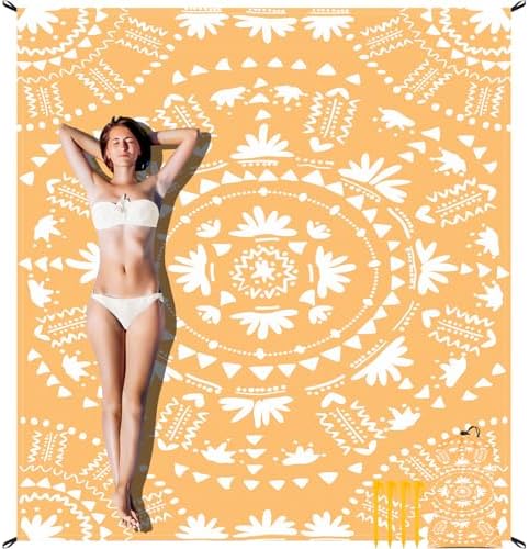 110''×118'' Extra Large Sandproof Beach Blanket 4-8 Adults, Waterproof Foldable Picnic Blankets with 4 Stakes & 4 Pockets, Lightweight Boho Outdoor Beach Mat for Travel, Camping, Hiking