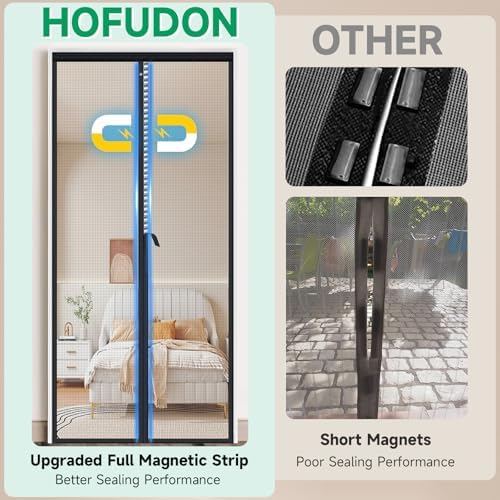 Upgraded Magnetic Screen Door Mesh, Full Strip Magnets, Heavy Duty Fiberglass Mesh, Door Screen Magnetic Closure for Single Door Size 32 x 80 Inch, Screen Door Size 35 x 82 Black