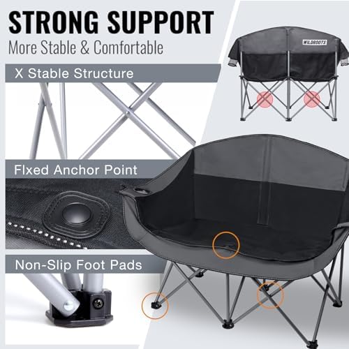 WILDROOTS Outdoor Folding Double Camping Chair Adults 2 Person,Heavy Duty 600 LBS Loveseat with 2 Cup Holder,Portable Carry Bag Included for Camping,Lawn,Backyard,Movie