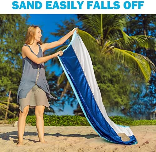 Blue Beach Blanket with Umbrella Hole 7ftx5ft- Water Resistant, Sandproof, Lightweight, Rip-Stop Nylon with Umbrella Hole & Sand Pockets, Camping Essentials, Beach Canopy Compatible
