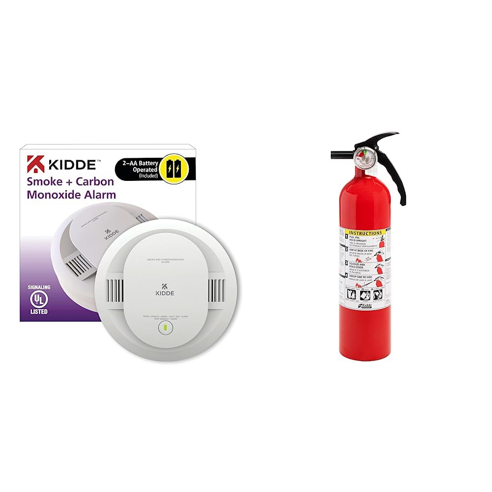 Kidde Smoke & Carbon Monoxide Detector, AA Battery Powered, LED Warning Light Indicators & Fire Extinguisher for Home, 1-A:10-B:C, Dry Chemical Extinguisher, Red, Mounting Bracket Included