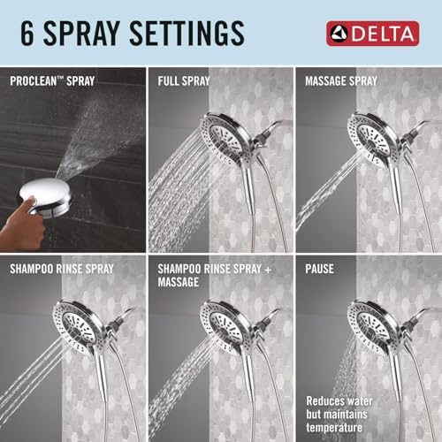 Delta Faucet 6-Setting In2ition 2-in-1 Dual Shower Head with ProClean Spray, Chrome Round Shower Head with Hose, Hand Held Shower Head, Chrome 75655