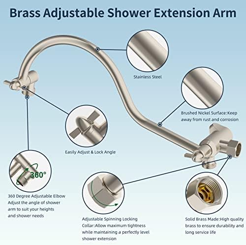 Hibbent All Metal Shower Head, 10'' High Pressure Rainfall Shower Head/Handheld Showerhead Combo/ 12'' Adjustable Curved Shower Extension Arm, 7-Spray, 71'' Hose, Showerhead Holder, Brushed Nickel