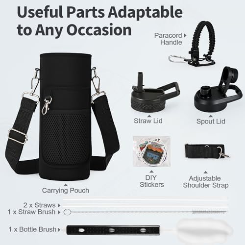 40 oz Insulated Water Bottle with Straw (Cold for 48 Hrs), Stainless Steel Triple Wall Vacuum Sports Water Jug, Leakproof Hydro Cup Flask with Paracord Handle & Straw Spout Lids & DIY Stickers