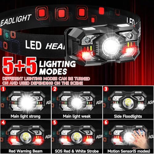 Headlamp Rechargeable 6Pack, 3000 Lumen Ultra-Light Bright Rechargeable Headlamp Flashlight with White Red Light, LED Headlight Motion Sensor, 5+5 Mode for Outdoor Camping Fishing Running Hiking