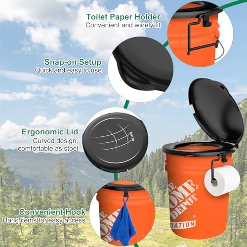 Portable Toilet Seat for 5 Gal Buckets, Camping Toilet Seat with Lid for Adults, Snap-on Toilet Seat with Storage Bags and Disposable Toilet Bags, Camping, Hiking, Emergency, Car, Boat
