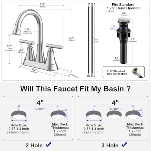 Bathroom Faucets for Sink 3 Hole, Hurran 4 inch Brushed Nickel Bathroom Sink Faucet with Pop-up Drain and Supply Lines, Stainless Steel Centerset Faucets for Sink Vanity RV