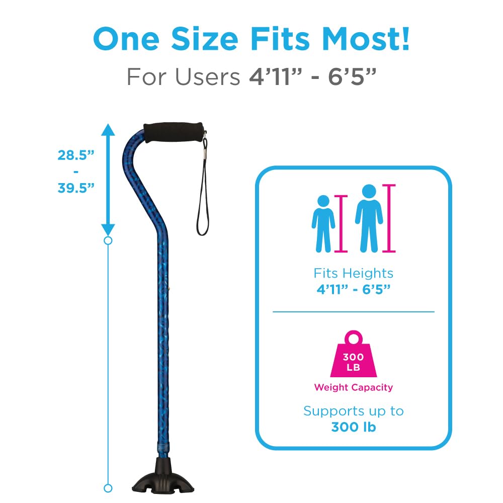 NOVA Medical Products Sugarcane, Walking Cane with All Terrain Rubber Quad Tip Base and Carrying Strap, Waves Design, Blue Rain
