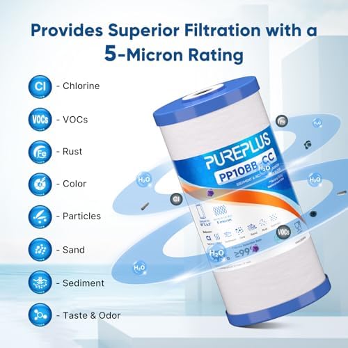 PUREPLUS 5 Micron 10" x 4.5" FXHTC Whole House Sediment and Carbon Water Filter Replacement Cartridge for GE GXWH40L, GXWH35F, GNWH38S, Culligan RFC-BBSA, WRC25HD, RFC-BB, PP10BB-CC, WFHD13001, 3Pack