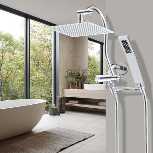 Hibbent All Metal Shower Head, 10'' High Pressure Rainfall Shower Head, Showerhead Combo, Handheld Shower Wand, 12'' Adjustable Curved Shower Extension Arm, 71'' Hose, Shower Head Holder, Chrome