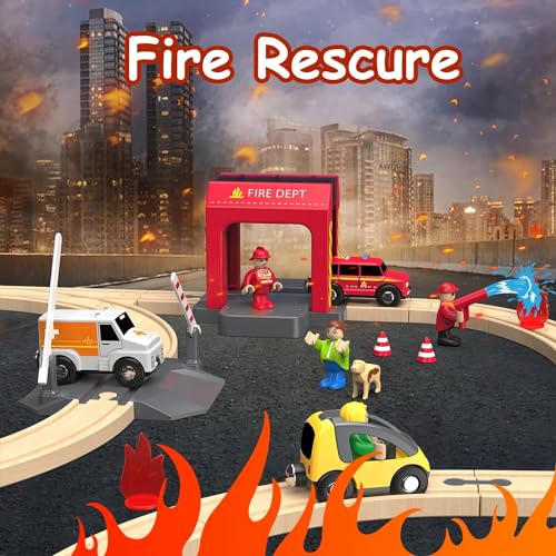 Giant bean 72PCS Fire Station Wooden Train Track Electric Train Set, Gift Packed Toy Railway Kits for Kids, Toddler Boys and Girls 3,4,5 Years Old and Up, Christmas Birthday Gift Toy for Kids