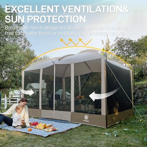 EVER ADVANCED Magnetic Screen House Room 11x9ft, Hands-Free Entry,Screenhouse with Sun Protection for Camping&Picnic, 11x9ftCamping Tent Canopy Shelter with Mesh, Brown