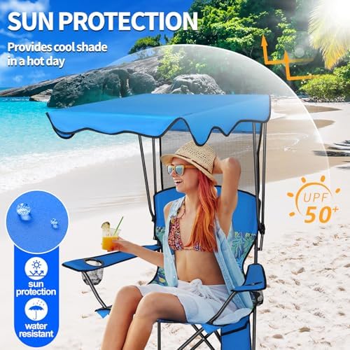 Camping Chair with Canopy, Chair with Cup Holders, Portable Camping Chairs with Carry Bag&Side Pocket, Beach Chair with Shade, Camp Chairs for Adult, Outdoor Folding Chair Support 330 LBS