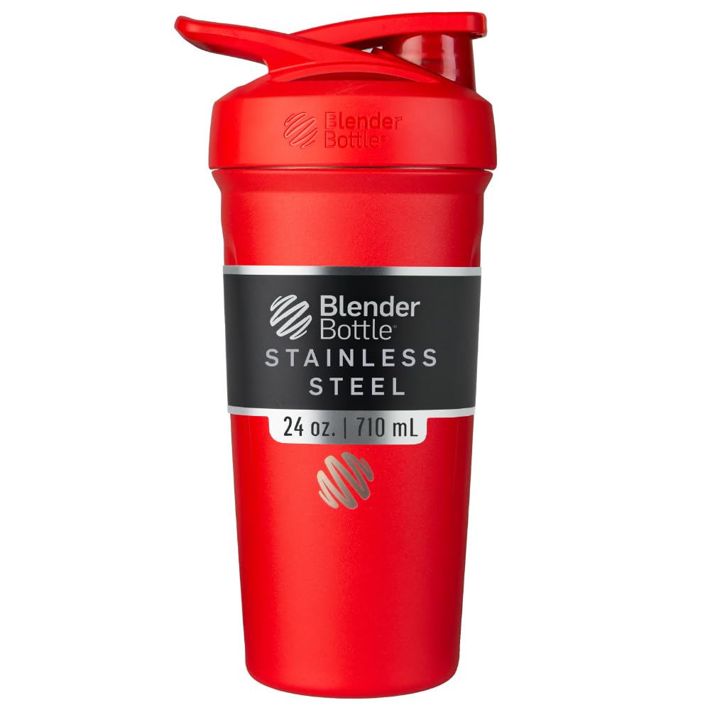 BlenderBottle Strada Shaker Cup Insulated Stainless Steel Water Bottle with Wire Whisk, 24-Ounce, Red