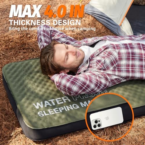 Self Inflating Sleeping Pad, 4in Ultra-Thick Foam Camping Cot Mattress with Air Pump Sack, Sleeping Mat for Adults Inflatable Camping Pad Mattress, Cot Bed, Travel, Car, Tent, Home, Army Green