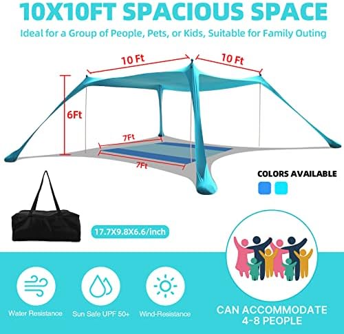 Beach Tent Sun Shelter UPF50+, 10x10 FT Family Beach Shade Canopy with 4 Aluminum Poles, Beach Blanket, Carrying Bag and Sand Shovel, Outdoor Pop Up Tent for Beach Camping Trips