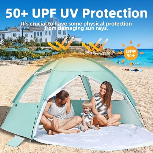 Beach Tent for 3-4 Person, Large Easy Setup Beach Shade Canopy with UPF 50+ UV Protection, Portable Shade Tent with 3 Ventilating Mesh Windows for Outdoor, Picnics, Fishing
