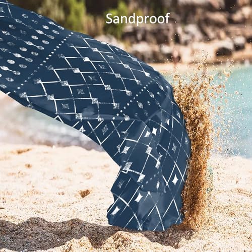 Beach Blanket Waterproof Sandproof, Large Beach Picnic Blankets Foldable Sand Free, Beach Mat Windproof w/Stakes and Corner Pocket for Outdoor, Travel, Camping, Hiking, Beach Essentials-Navy Geometry