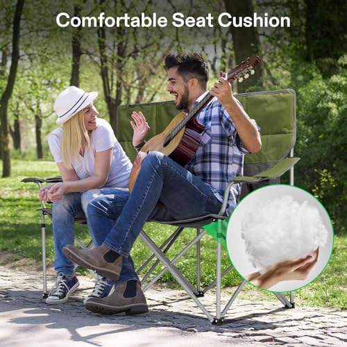 VIVOSUN Double Camping Chair, Fully Padded Folding Loveseat, Portable Oversized Duo Chair with Storage Cup Holders, Height-Adjustable Armrests & Carry Bag, Supports up to 500lbs, Green & Grey